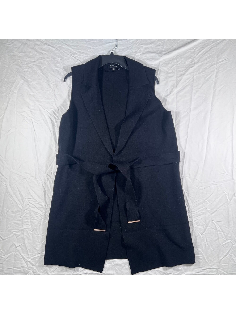 Calligraphie Women’s M Black Longline Belted Sweater Vest Gold Tip Duster